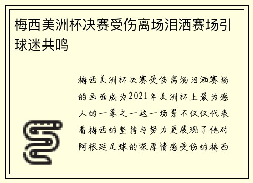 梅西美洲杯决赛受伤离场泪洒赛场引球迷共鸣 梅西美洲杯决赛受伤离场泪洒赛场引球迷共鸣